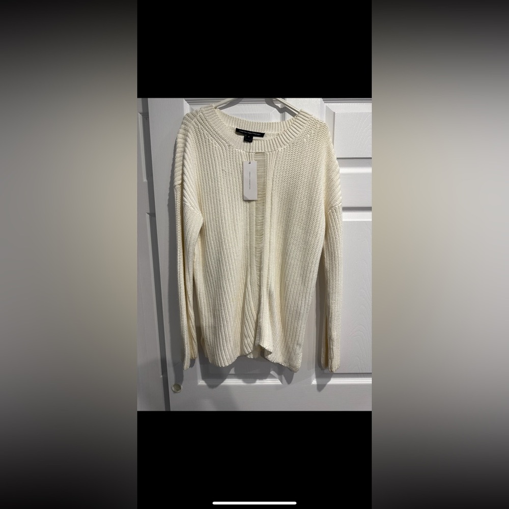 French Connection Cream Cardigan Sweater V-Neck Fine-Knit